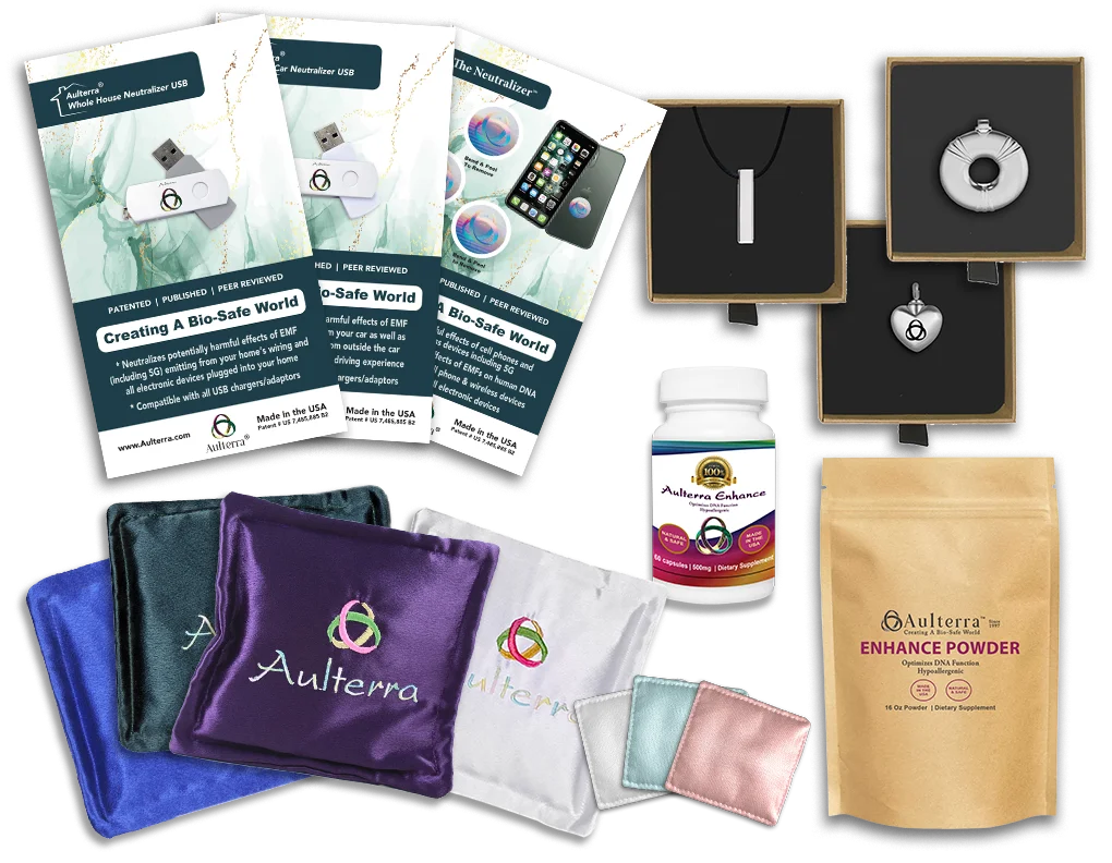The Aulterra EMF protection range — Neutralizer discs and USBs, pendants, wristband, energy pillows and Enhance supplements