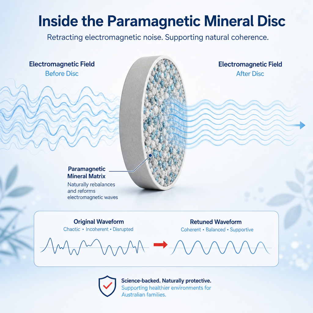 Diagram showing EMF waveform passing through paramagnetic mineral compound and emerging with altered coherence