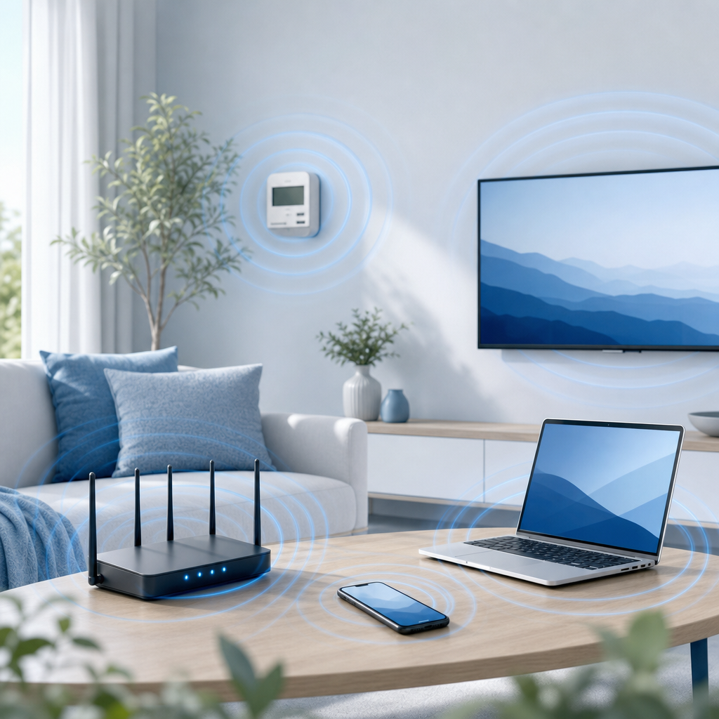Illustration of multiple household devices generating overlapping electromagnetic fields at once