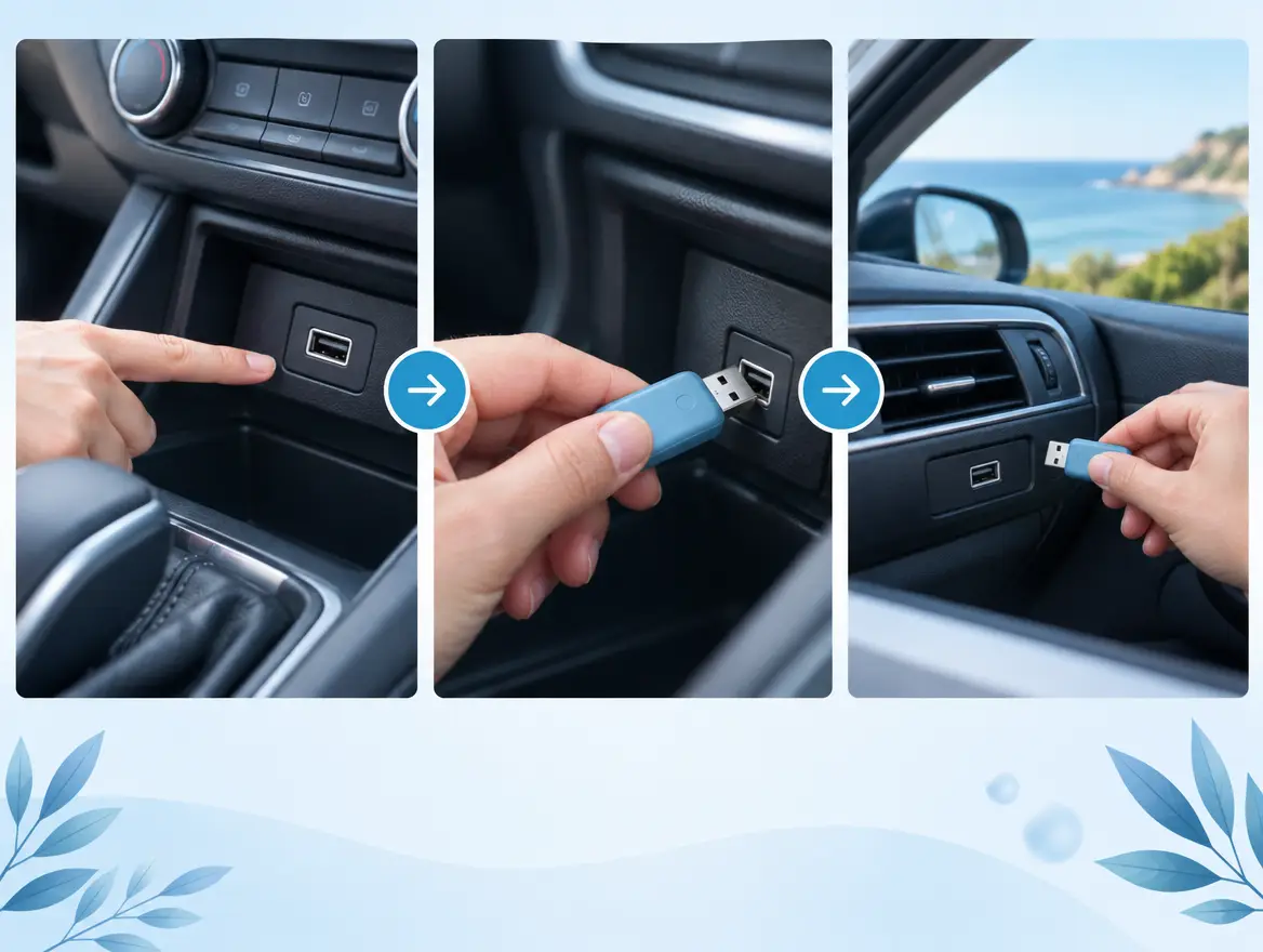 Three-step diagram showing plugging a USB device into a car port and moving it to another car