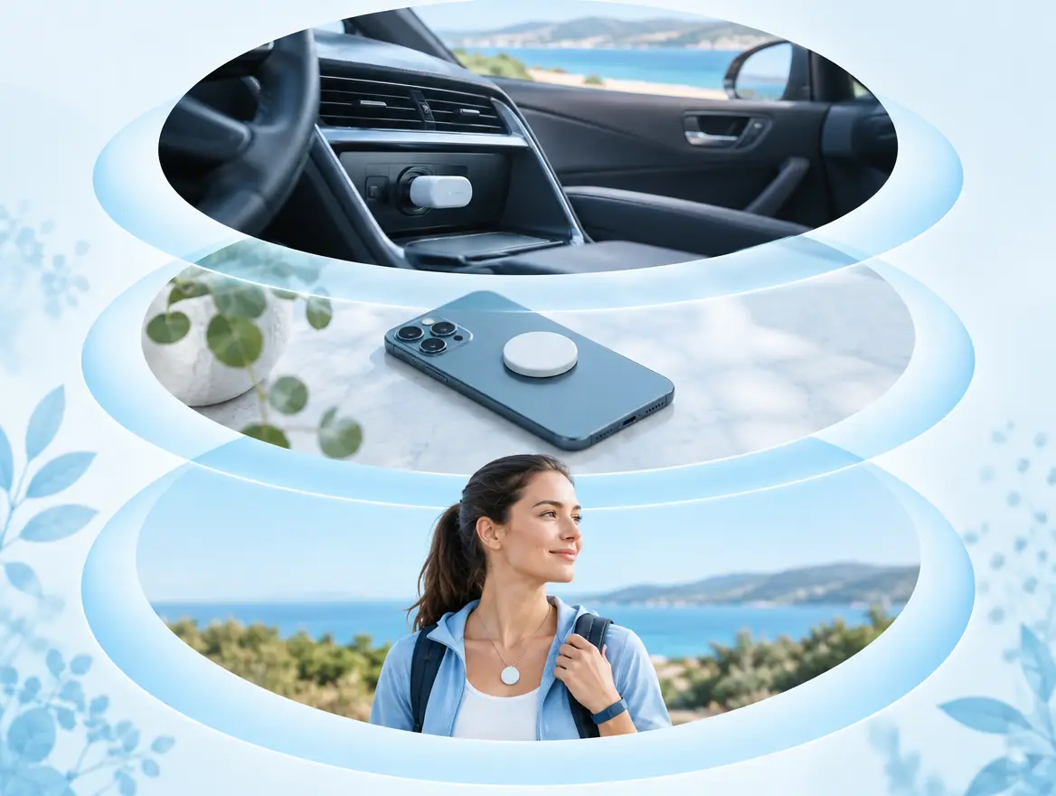 Diagram of three EMF protection layers: car USB unit, phone disc and worn pendant or wristband