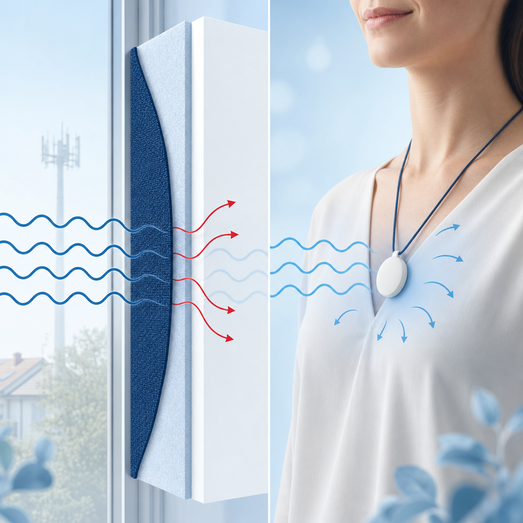 Diagram comparing signal-blocking shielding fabric with a body-worn harmonising pendant