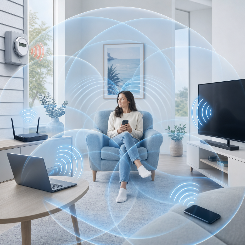 Illustration of a person surrounded by multiple household EMF sources at once