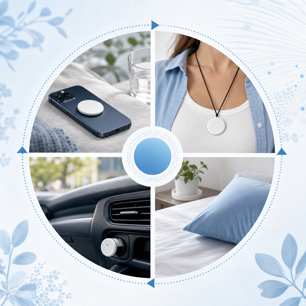 Illustration of layered EMF protection across phone, body, car and bedroom throughout a day
