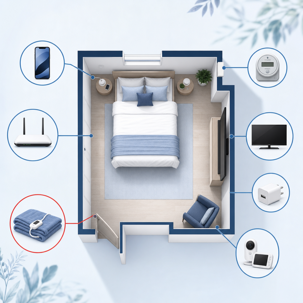 Floor plan identifying common EMF sources in a bedroom