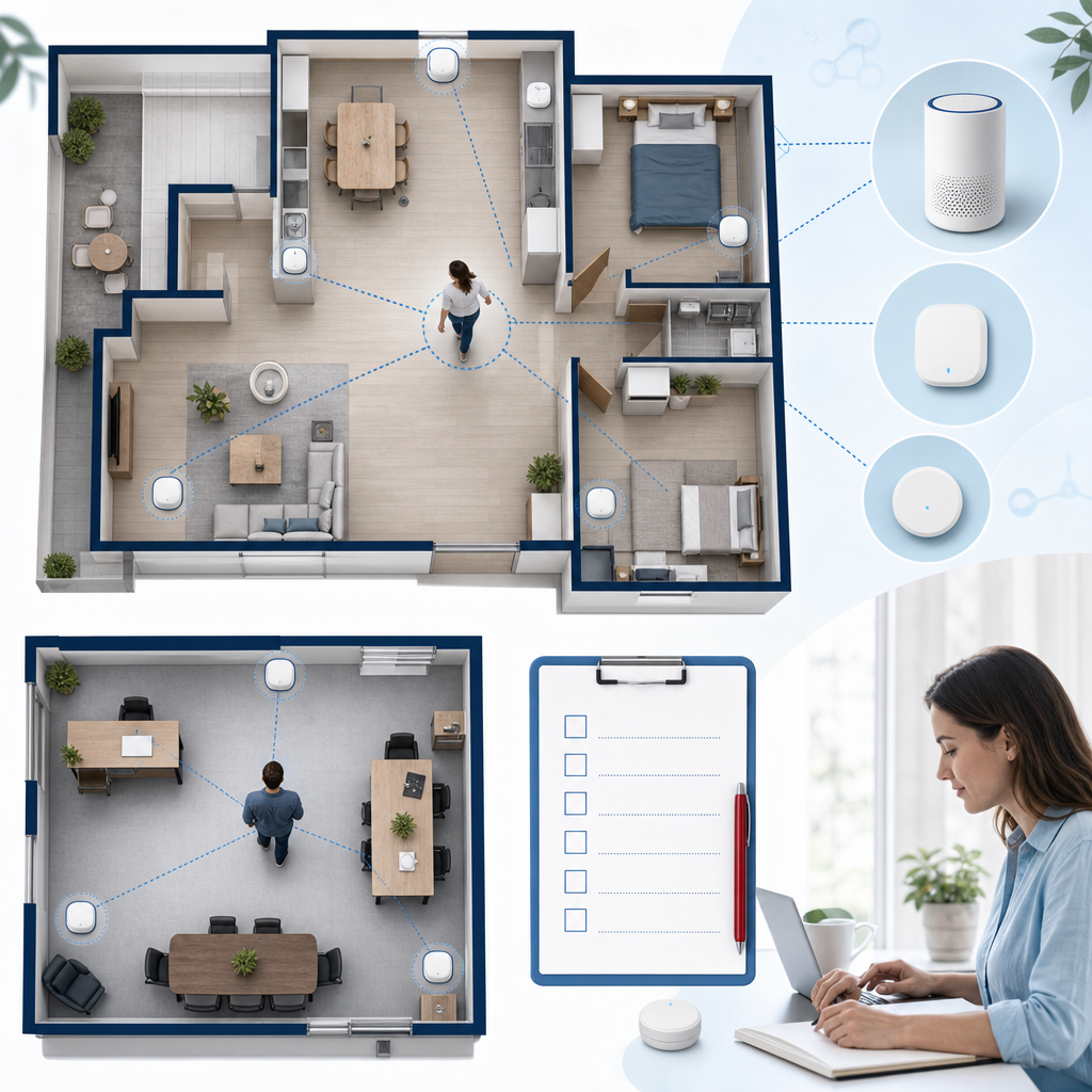 Home and office plan mapping device locations around a person