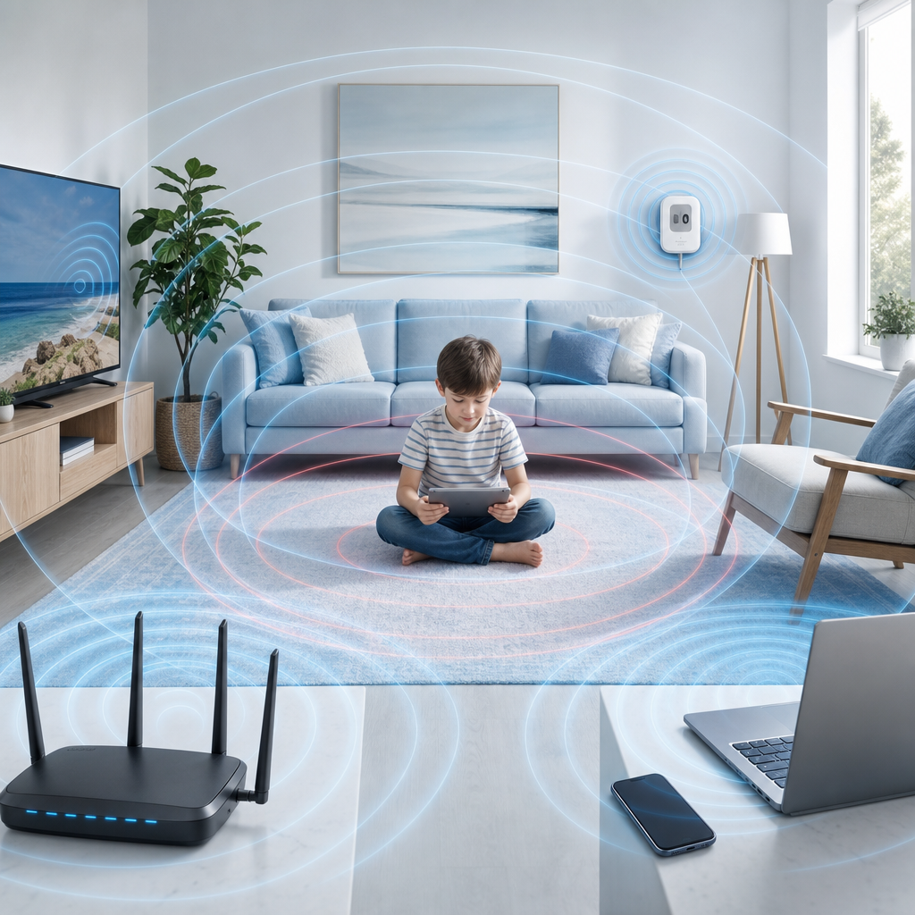 Diagram of overlapping EMF sources in a home converging around a child