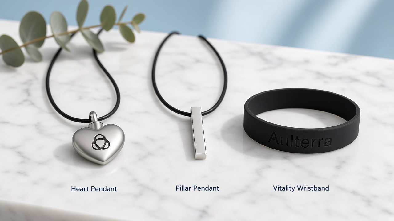 Comparison of heart and pillar pendant designs alongside a wristband