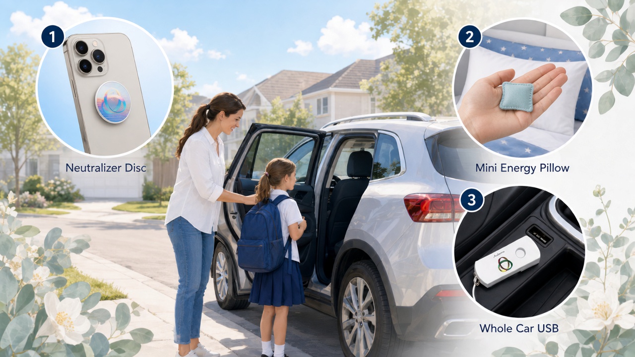 Mother and child at school run with callouts for Neutralizer Disc on phone, Mini Energy Pillow, and Whole Car USB