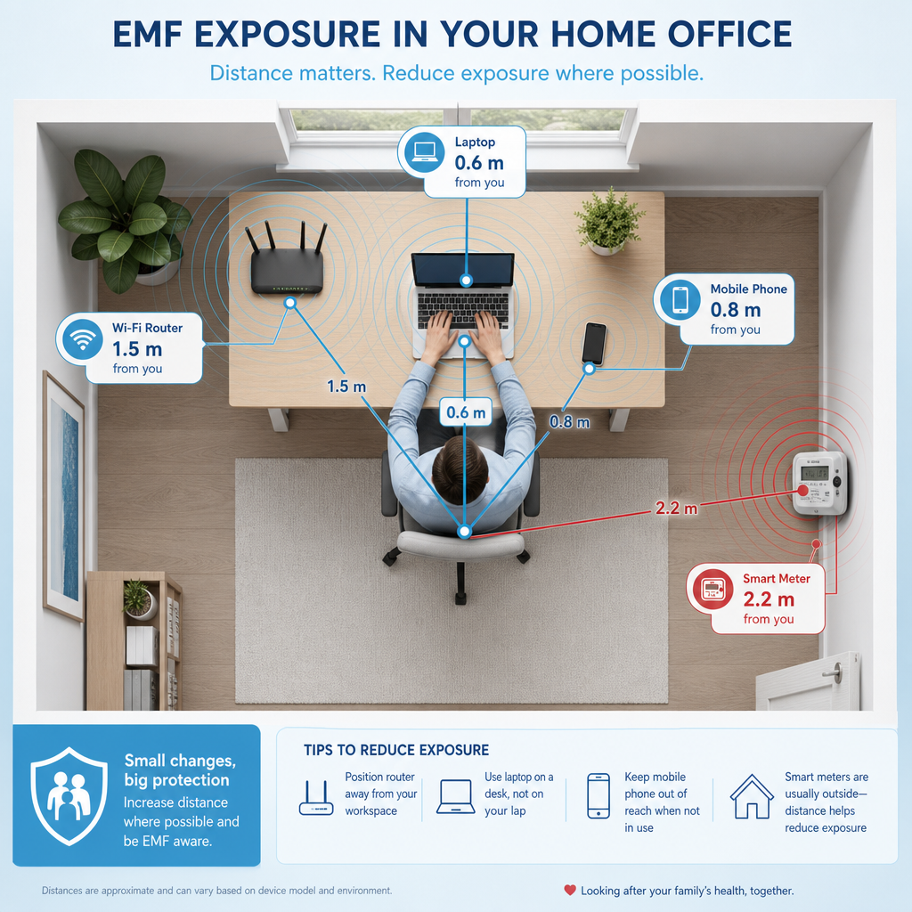 Floor plan diagram showing EMF field rings from router, laptop, phone and smart meter surrounding a home office worker
