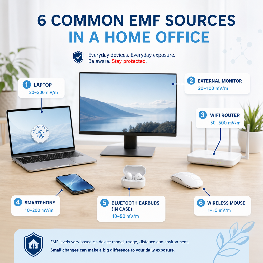 Labelled desk diagram identifying six home office EMF sources including laptop, router, phone and Bluetooth peripherals with emission ranges