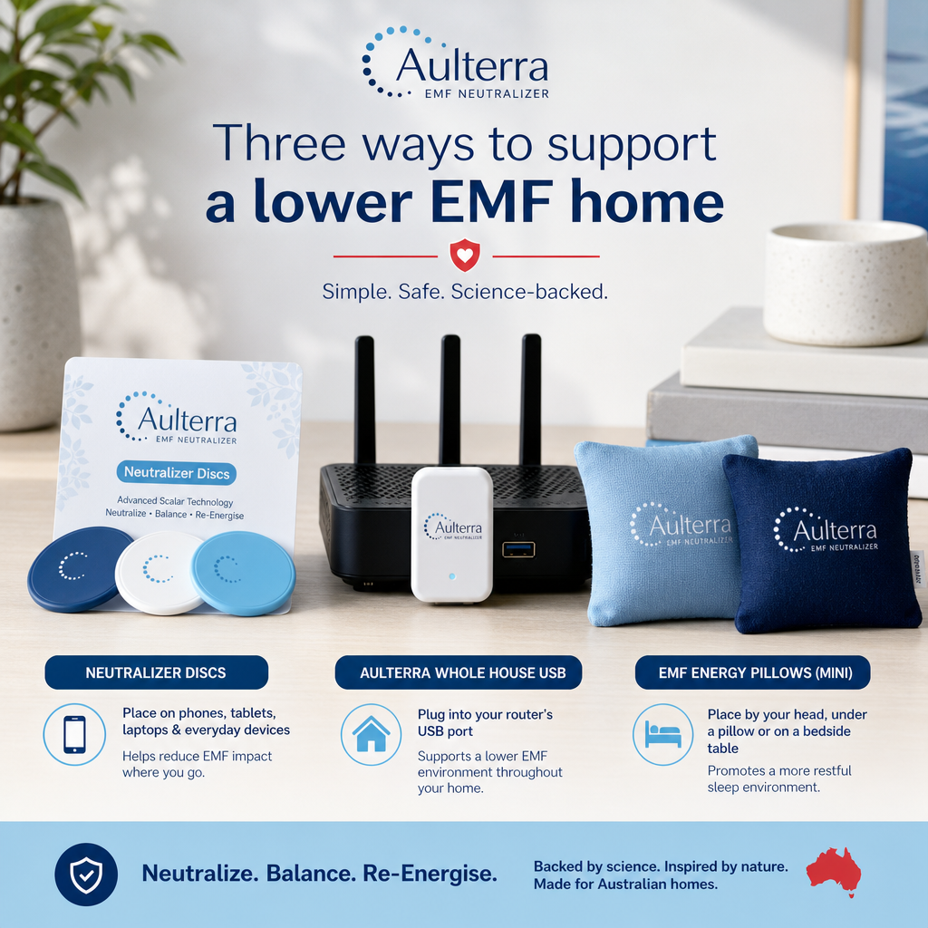 Three EMF Neutralizer product types displayed side by side: neutralizer discs, Whole House USB and mini energy pillows with labels