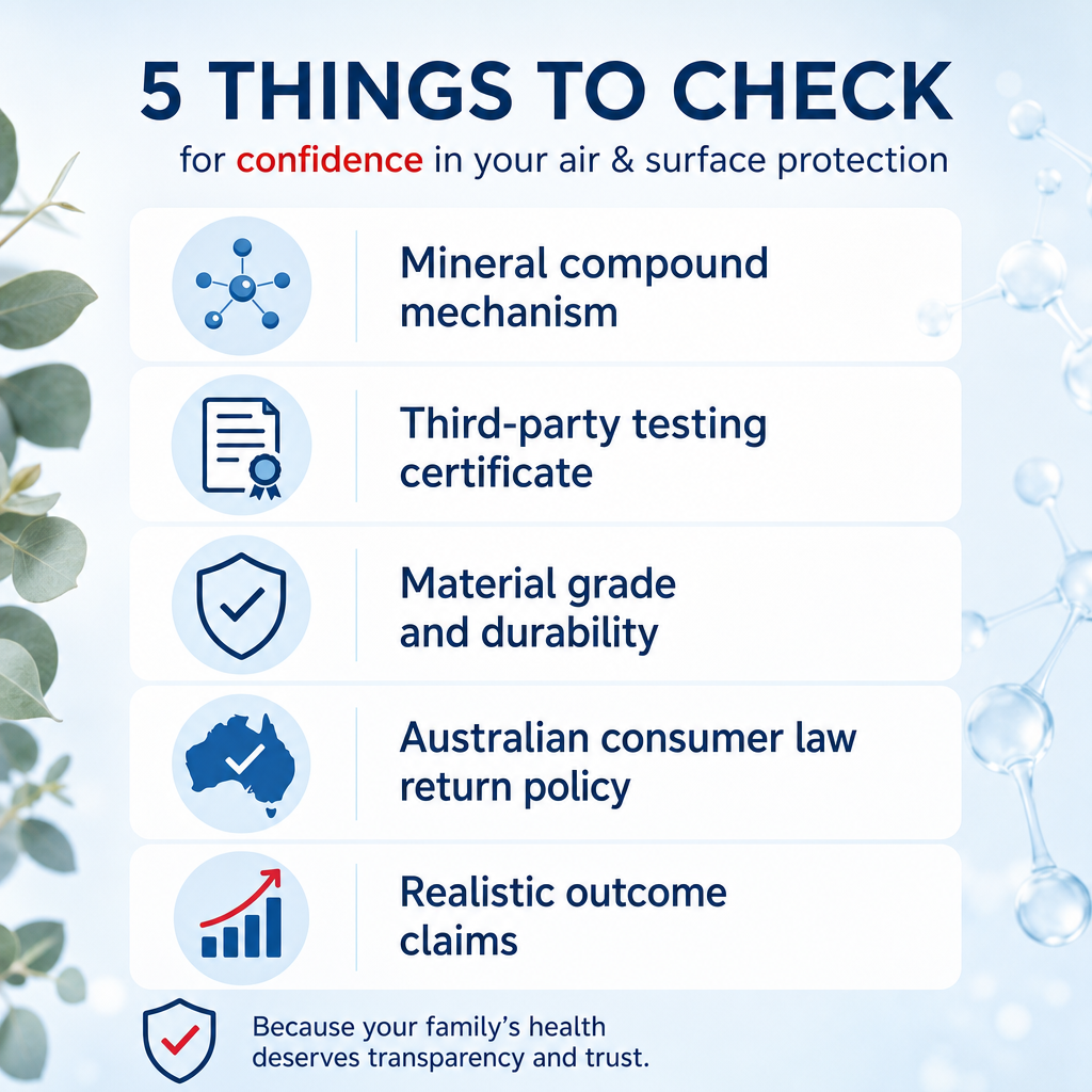 Infographic checklist of five quality signals for buying EMF jewellery: mechanism, testing, materials, returns, and claims