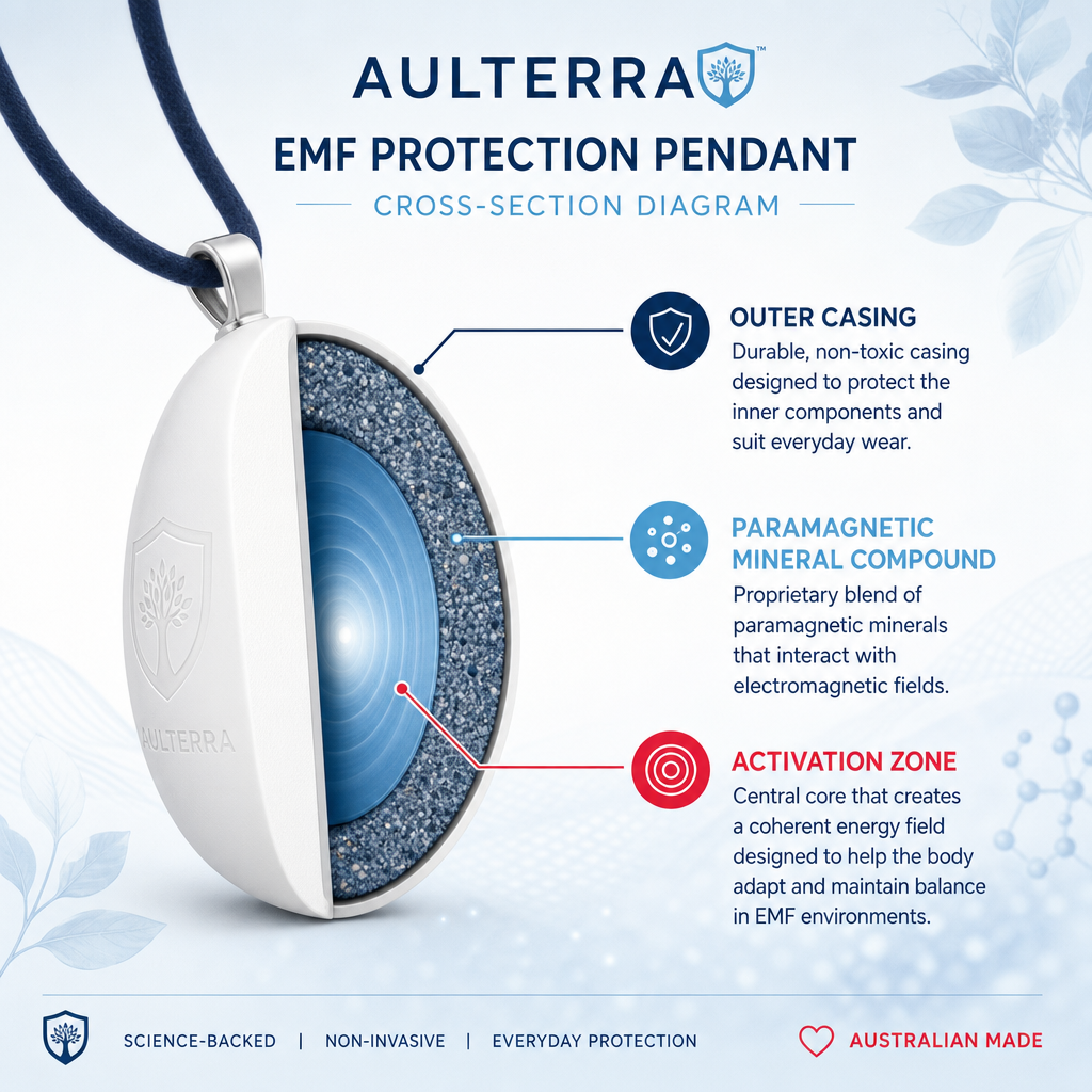 Cross-section diagram of EMF protection pendant showing outer casing and paramagnetic mineral compound layer