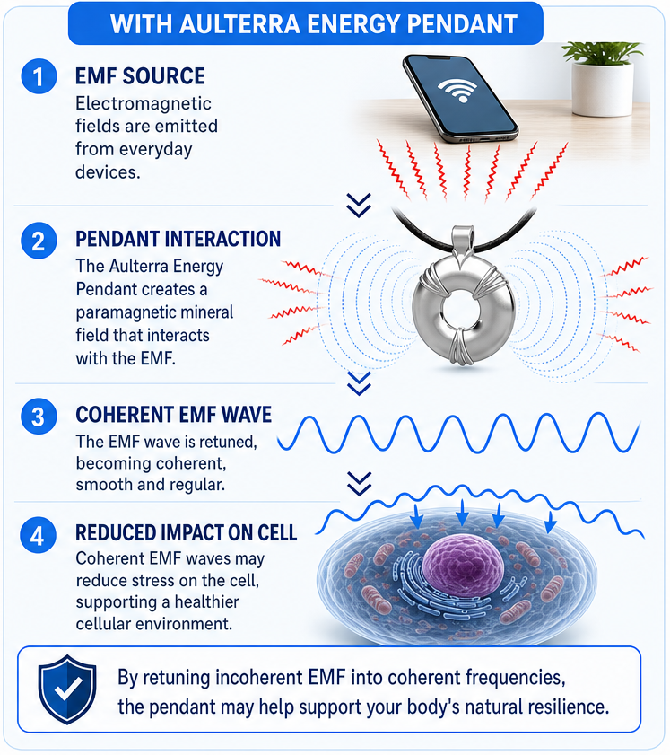 With Aulterra Energy Pendant: EMF is retuned into coherent smooth waves that may reduce cellular stress