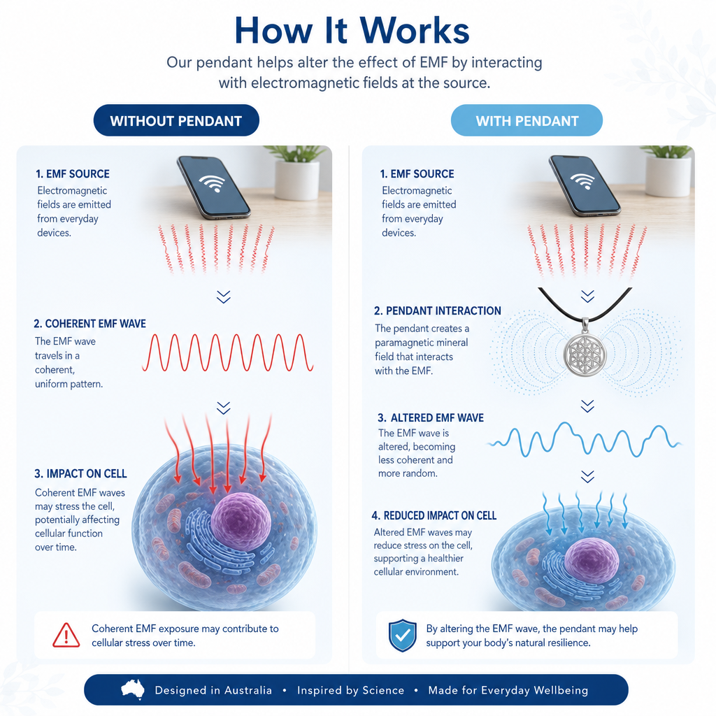 Process flow diagram comparing EMF interaction with human cells with and without paramagnetic mineral neutralisation