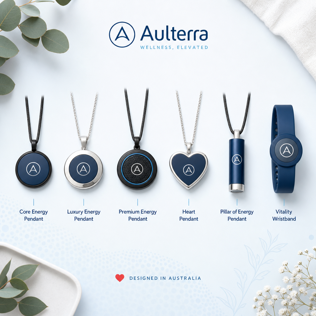 All six Aulterra EMF protection wearable products arranged side by side for comparison including pendants and wristband