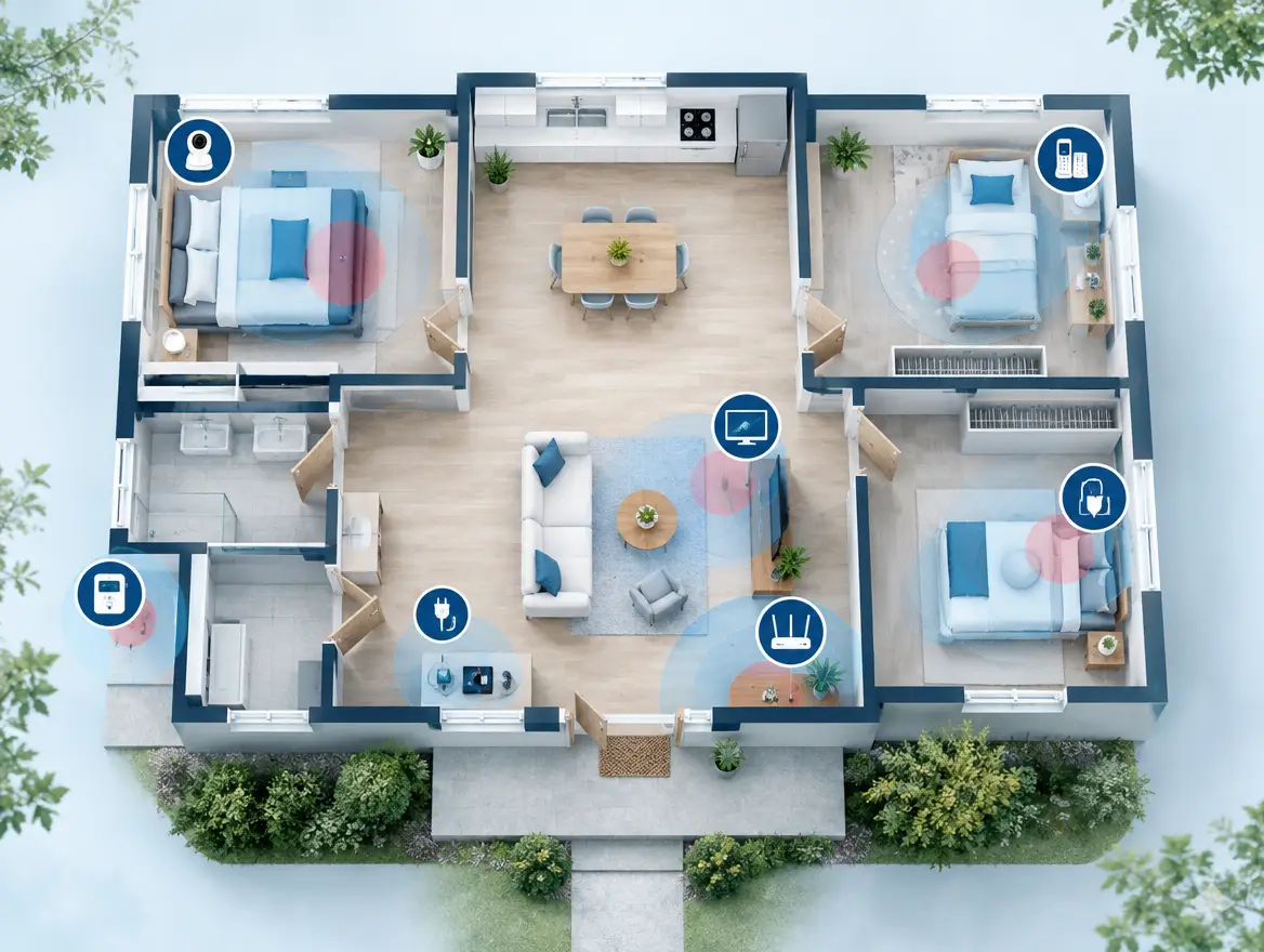Floor plan with household EMF sources and overlap zones marked