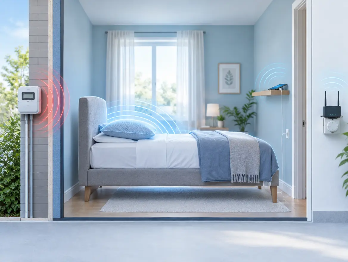 Bedroom layout with bed moved away from meter wall and devices out