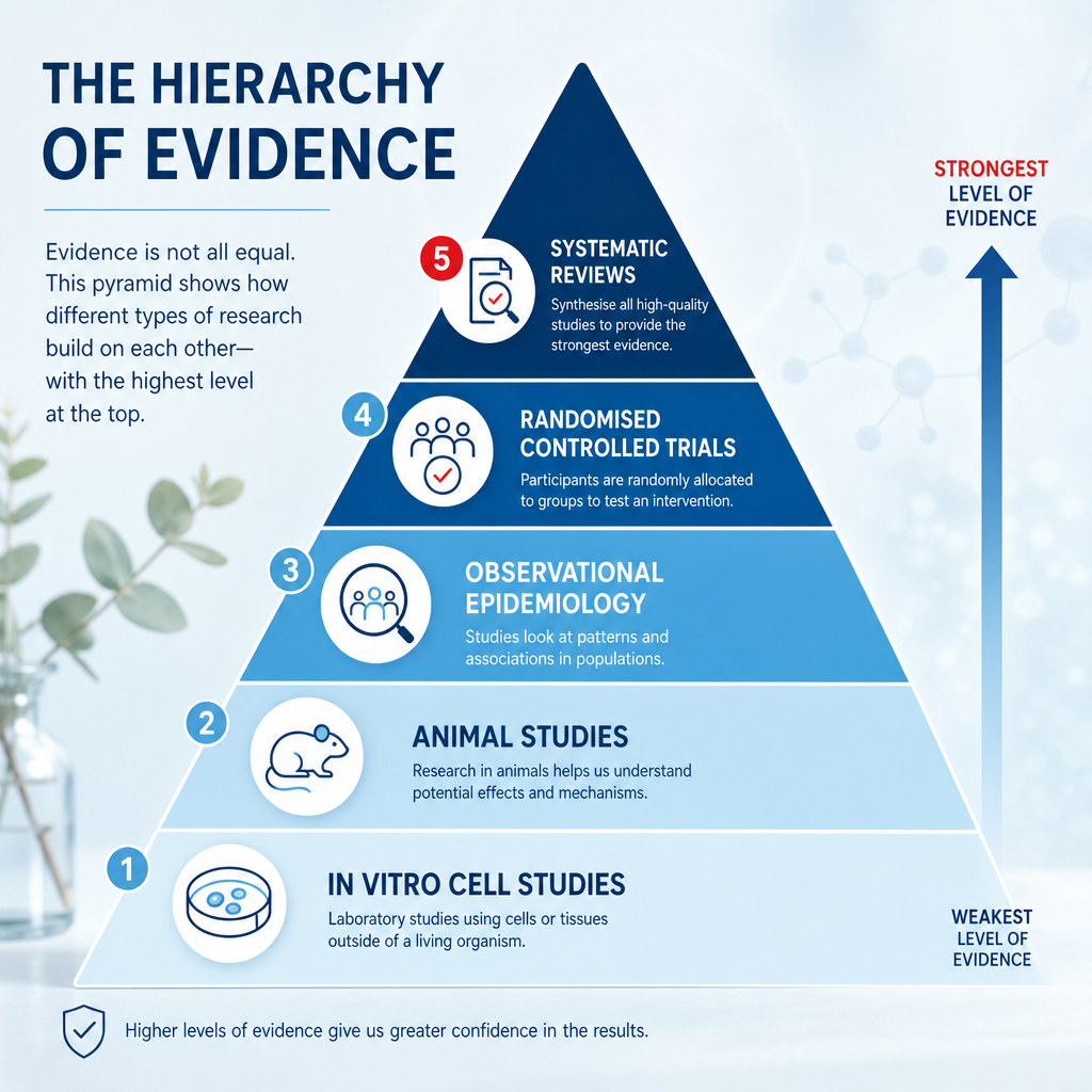 Evidence hierarchy pyramid showing five research tiers from in vitro studies at the base to systematic reviews at the top