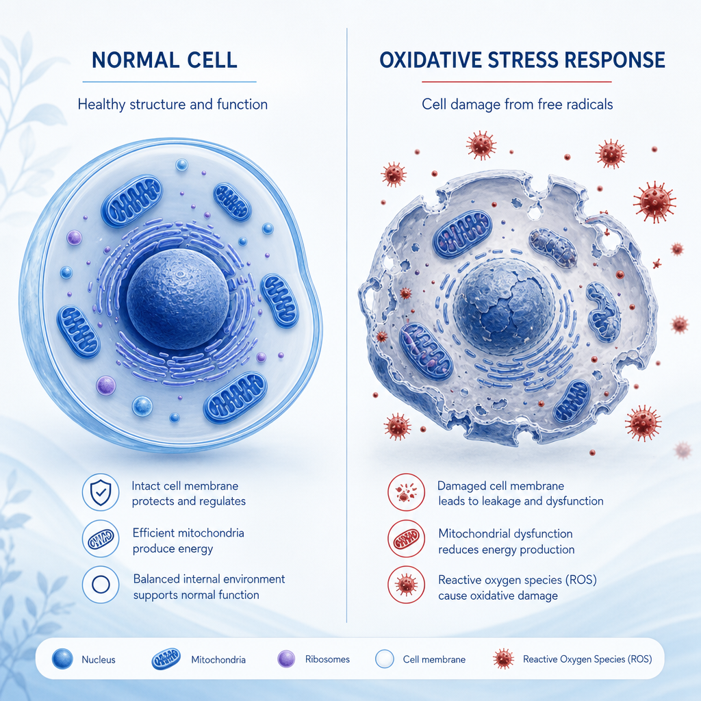 Side-by-side cell diagrams comparing a normal cell and a cell under oxidative stress with reactive oxygen species present