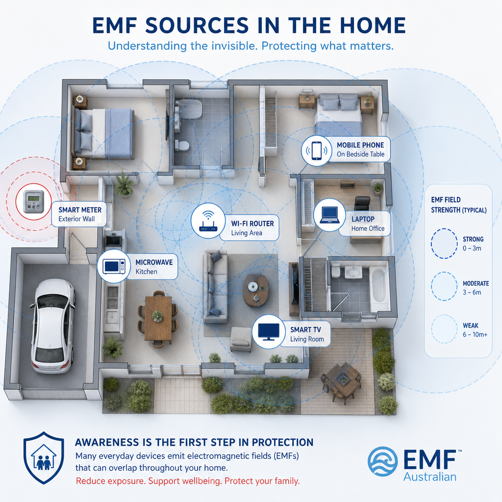Floor plan of Australian home with labelled EMF sources in each room and overlapping electromagnetic field radius circles
