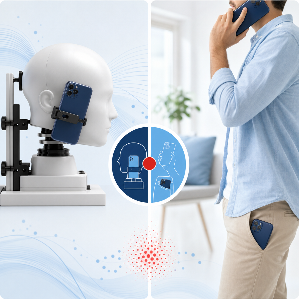 Diagram comparing lab SAR testing position with real-world phone use