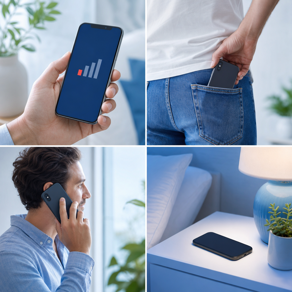 Four scenes showing phone usage habits that affect real-world EMF exposure