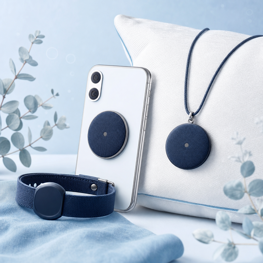 Neutraliser disc, pendant, wristband and pillow shown together as layered EMF protection